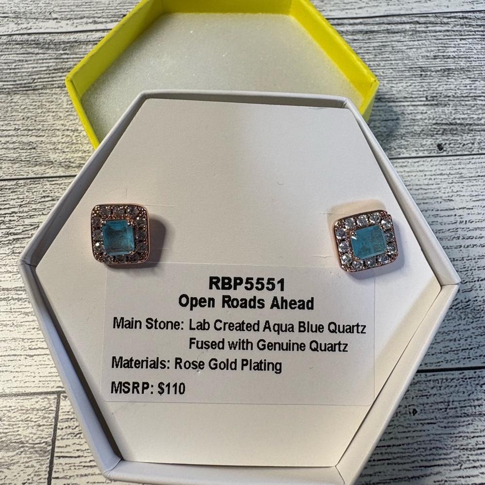 Aqua Blue Quartz Earrings with Rose Gold Plating bomb party